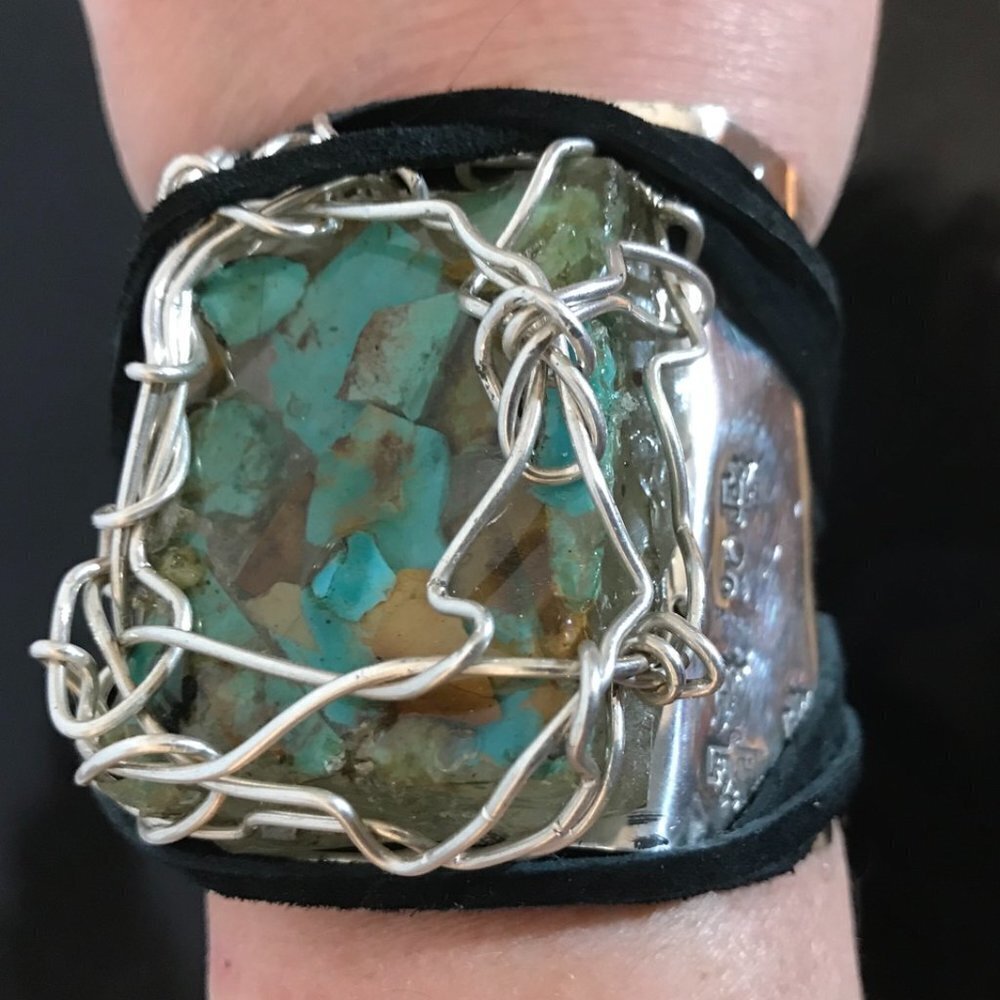 Genuine Turquoise Herkimer Sterling Silver 925 Cuff Ketoh Leather Thunderbird